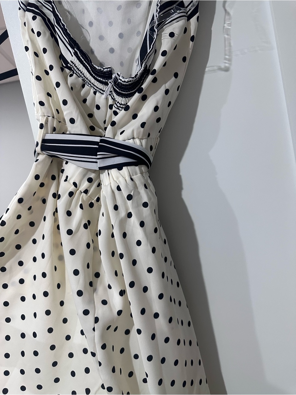 Valentine Ivory and Black Polka Dot Jumpsuit with Striped Waist Tie - Picture 2 of 4